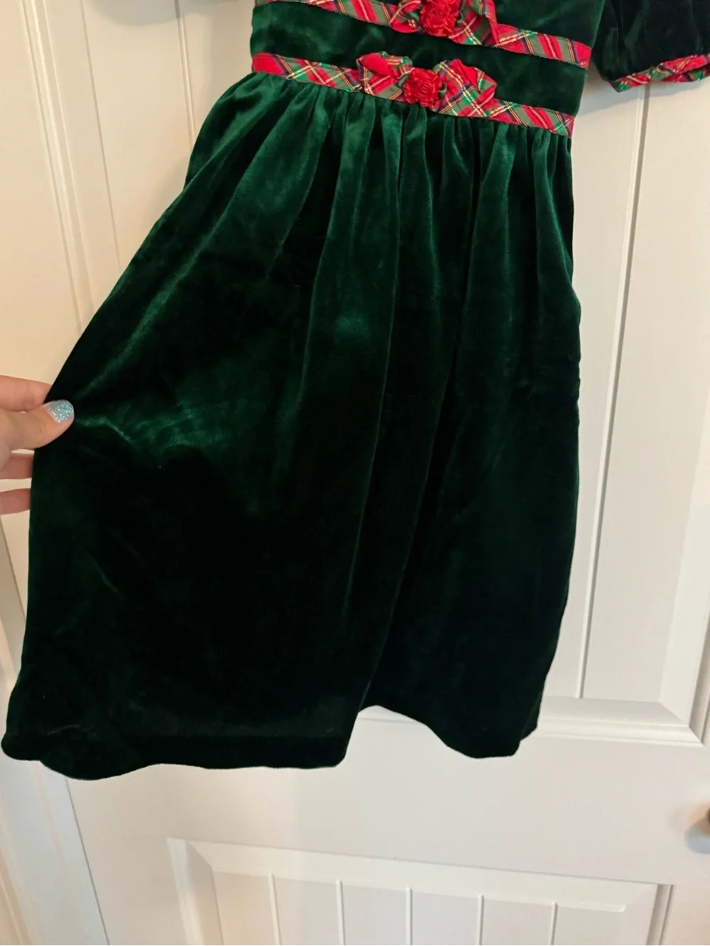 Rare Editions Dark Green Velvet Holiday Dress with Red Plaid Trim